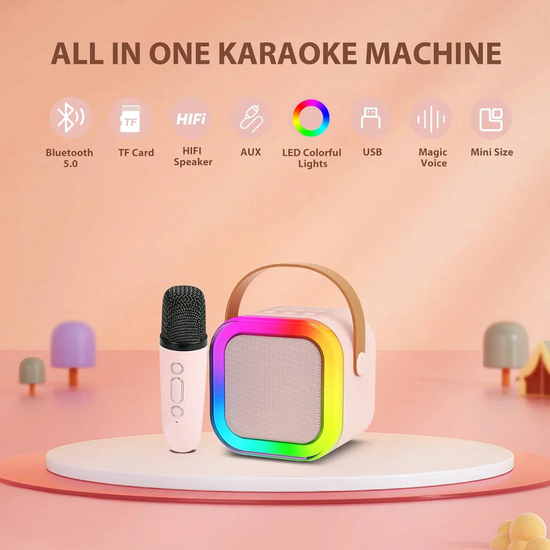 Mini Bluetooth Speaker and Mic with LED Lights for Kids Random Color